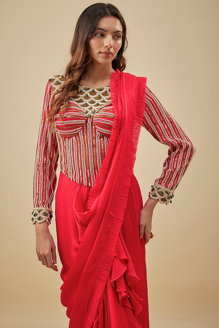 Red Satin & Chiffon Ruffled Stitched Reception Saree Set by NAS at Pernia's Pop Up Shop
