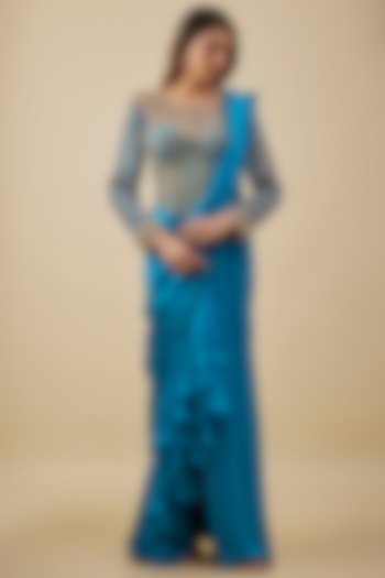 Turquoise Blue Satin & Chiffon Ruffled Stitched Reception Saree Set by NAS at Pernia's Pop Up Shop