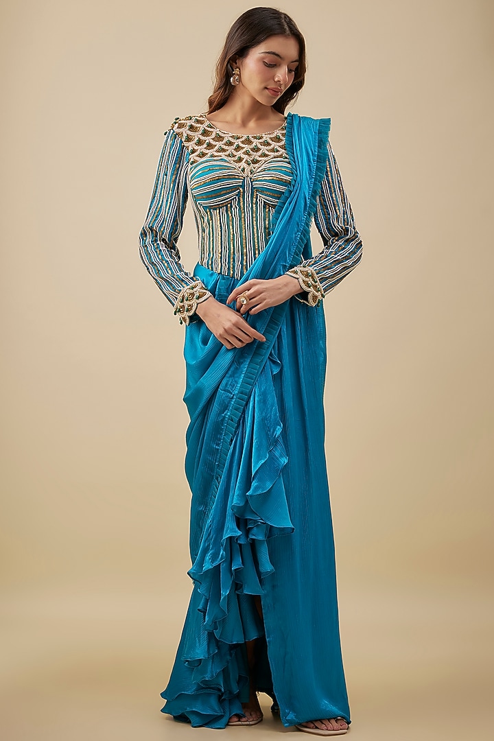 Turquoise Blue Satin & Chiffon Ruffled Stitched Reception Saree Set by NAS at Pernia's Pop Up Shop