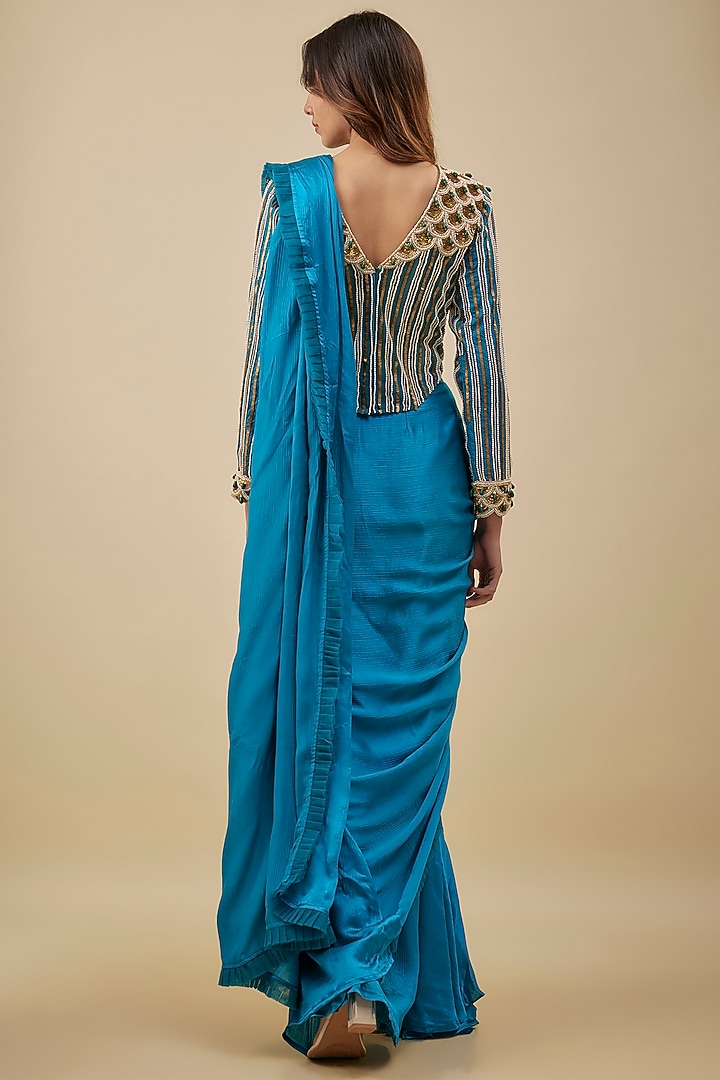 Turquoise Blue Satin & Chiffon Ruffled Stitched Reception Saree Set by NAS at Pernia's Pop Up Shop