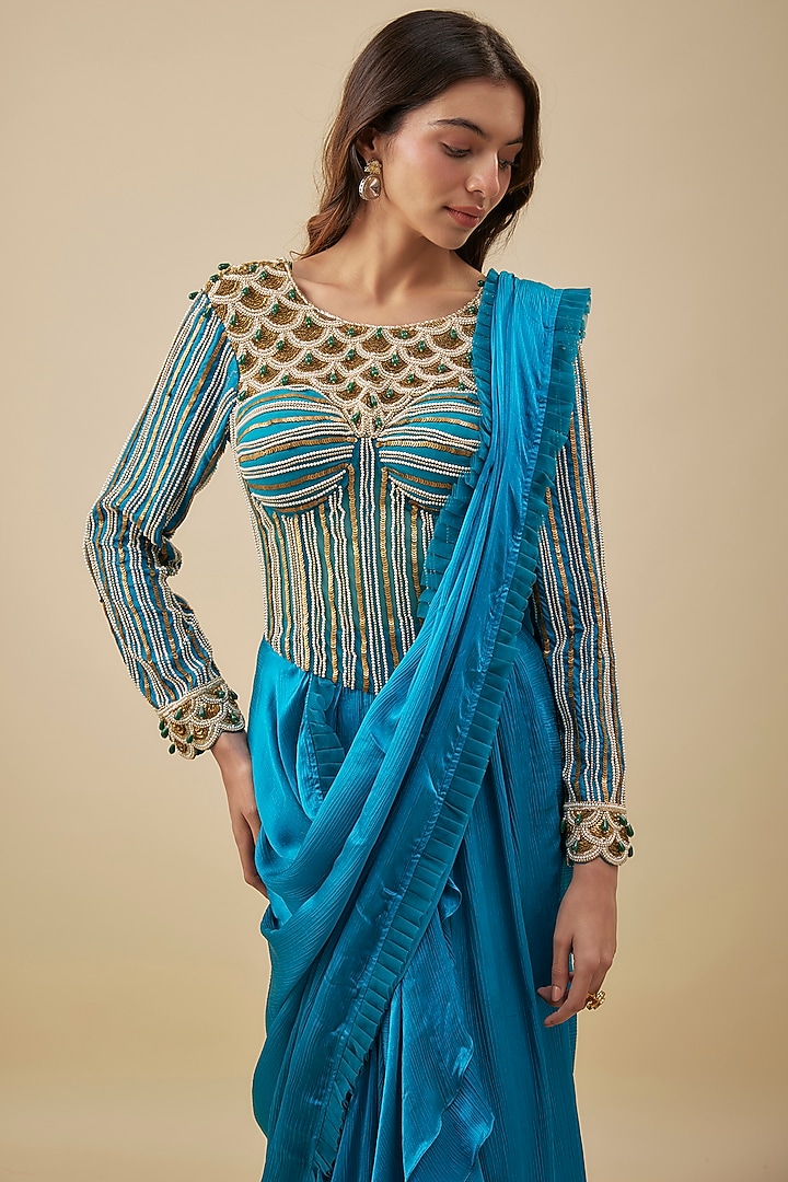 Turquoise Blue Satin & Chiffon Ruffled Stitched Reception Saree Set by NAS at Pernia's Pop Up Shop