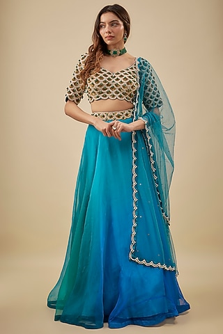 Turquoise Blue Organza Lehenga Set by NAS