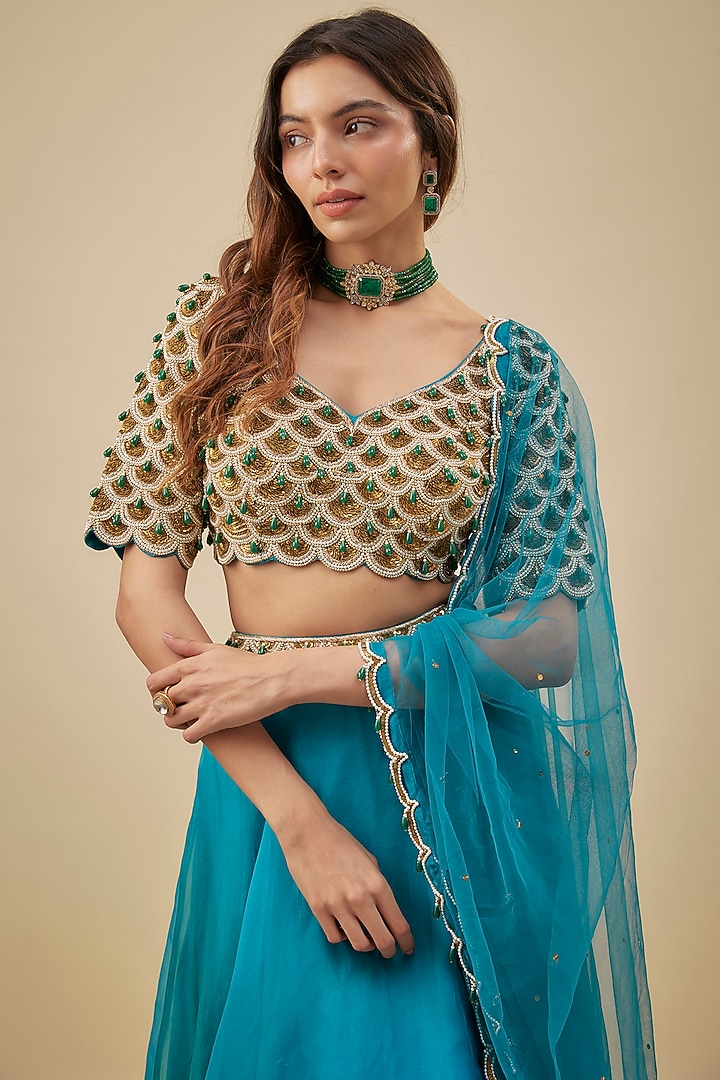 Turquoise Blue Organza Wedding Lehenga Set by NAS at Pernia's Pop Up Shop