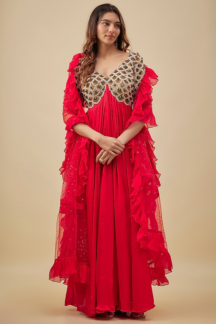 Red Satin Chiffon & Silk Pearl Hand Embroidered Bridal Anarkali Set by NAS at Pernia's Pop Up Shop