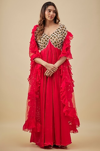 Red Satin Chiffon & Silk Pearl Hand Embroidered Anarkali Set by NAS
