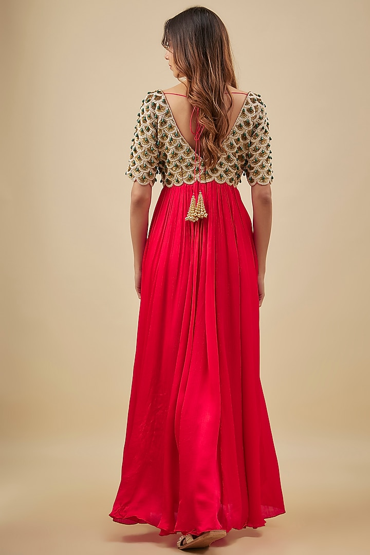 Red Satin Chiffon & Silk Pearl Hand Embroidered Bridal Anarkali Set by NAS at Pernia's Pop Up Shop