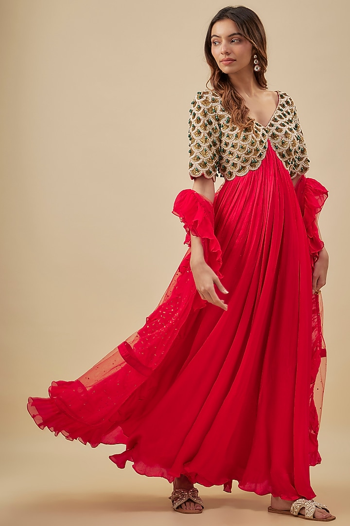 Red Satin Chiffon & Silk Pearl Hand Embroidered Bridal Anarkali Set by NAS at Pernia's Pop Up Shop