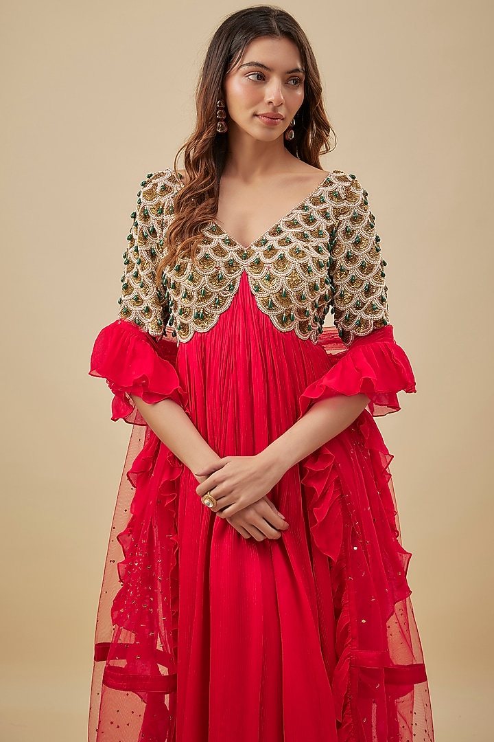 Red Satin Chiffon & Silk Pearl Hand Embroidered Bridal Anarkali Set by NAS at Pernia's Pop Up Shop