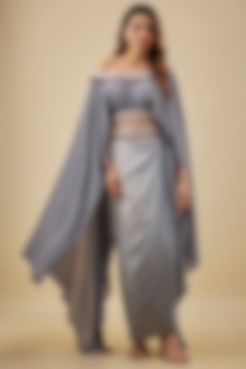 Grey Crepe Pearl Hand Embroidered Kaftan Set by NAS at Pernia's Pop Up Shop