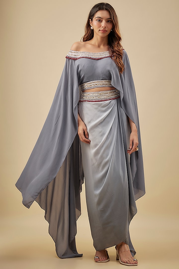 Grey Crepe Pearl Hand Embroidered Kaftan Set by NAS at Pernia's Pop Up Shop