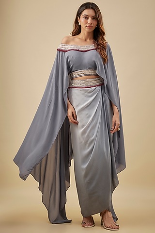 Grey Crepe Pearl Hand Embroidered Kaftan Set by NAS
