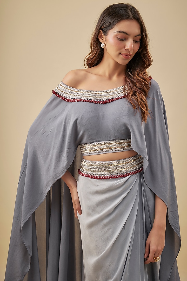 Grey Crepe Pearl Hand Embroidered Kaftan Set by NAS at Pernia's Pop Up Shop