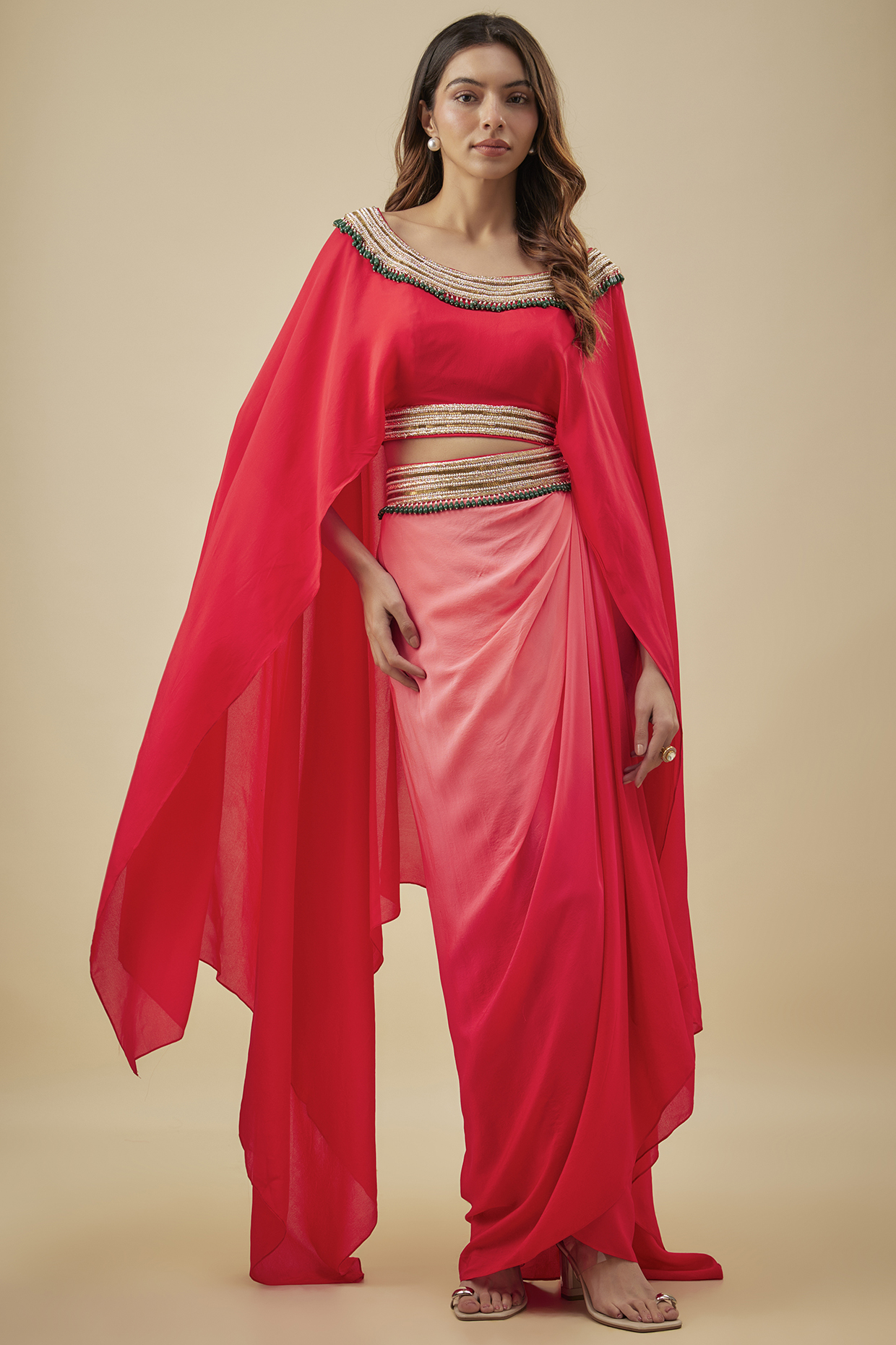 Red Crepe Pearl Hand Embroidered Kaftan Set by NAS at Pernia's Pop Up Shop