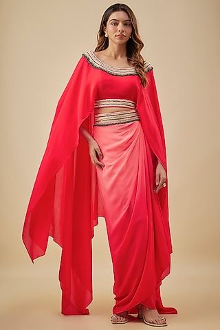 Red Crepe Pearl Hand Embroidered Kaftan Set by NAS