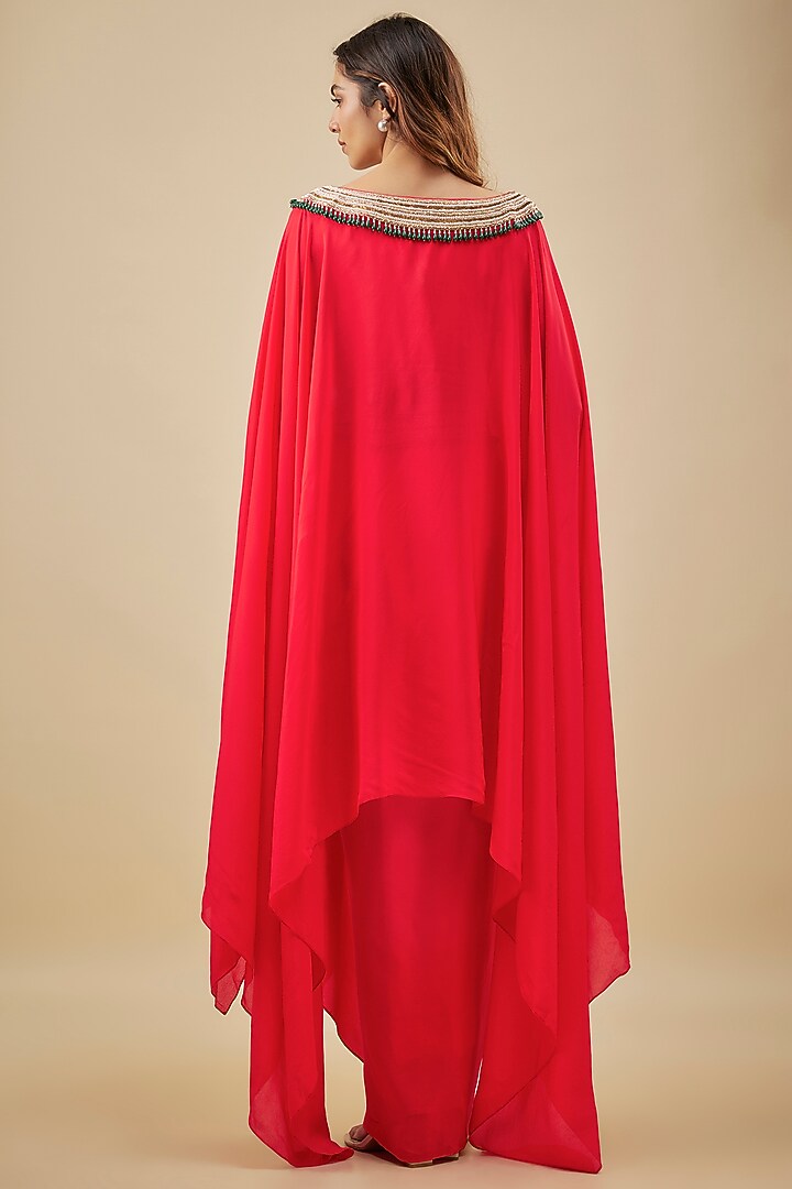 Red Crepe Pearl Hand Embroidered Kaftan Set by NAS at Pernia's Pop Up Shop