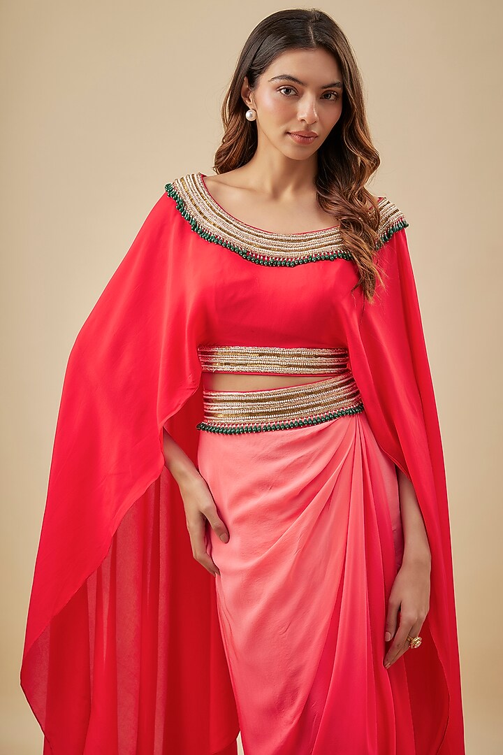 Red Crepe Pearl Hand Embroidered Kaftan Set by NAS at Pernia's Pop Up Shop
