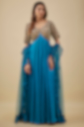 Turquoise Blue Satin Chiffon & Silk Pearl Hand Embroidered Bridal Anarkali Set by NAS at Pernia's Pop Up Shop