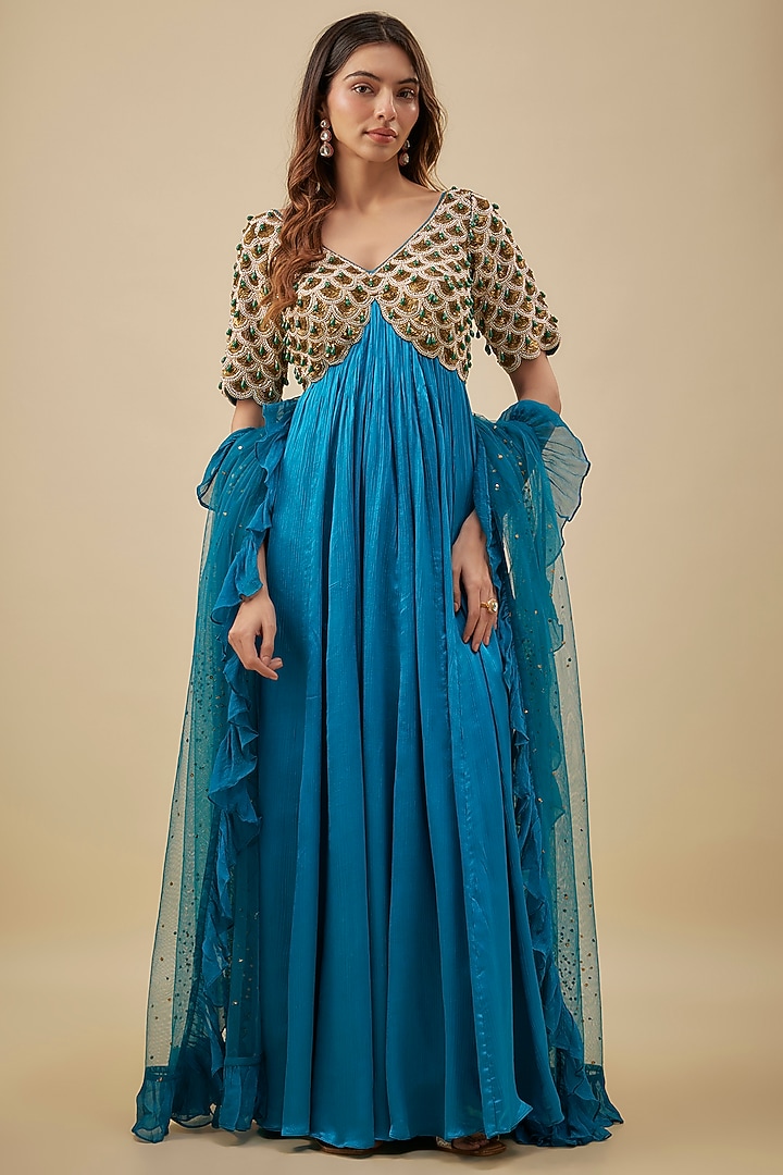 Turquoise Blue Satin Chiffon & Silk Pearl Hand Embroidered Bridal Anarkali Set by NAS at Pernia's Pop Up Shop