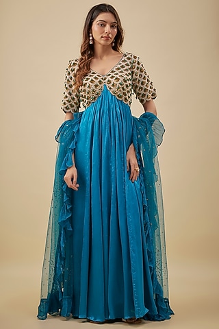 Turquoise Blue Satin Chiffon & Silk Pearl Hand Embroidered Anarkali Set by NAS