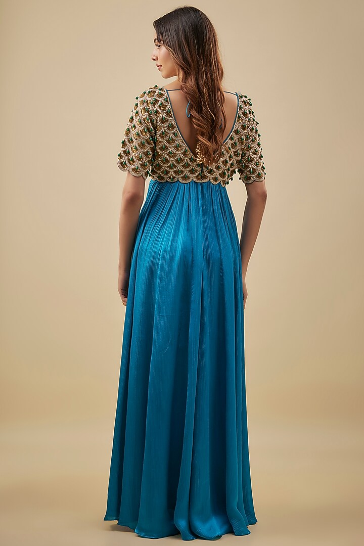 Turquoise Blue Satin Chiffon & Silk Pearl Hand Embroidered Bridal Anarkali Set by NAS at Pernia's Pop Up Shop