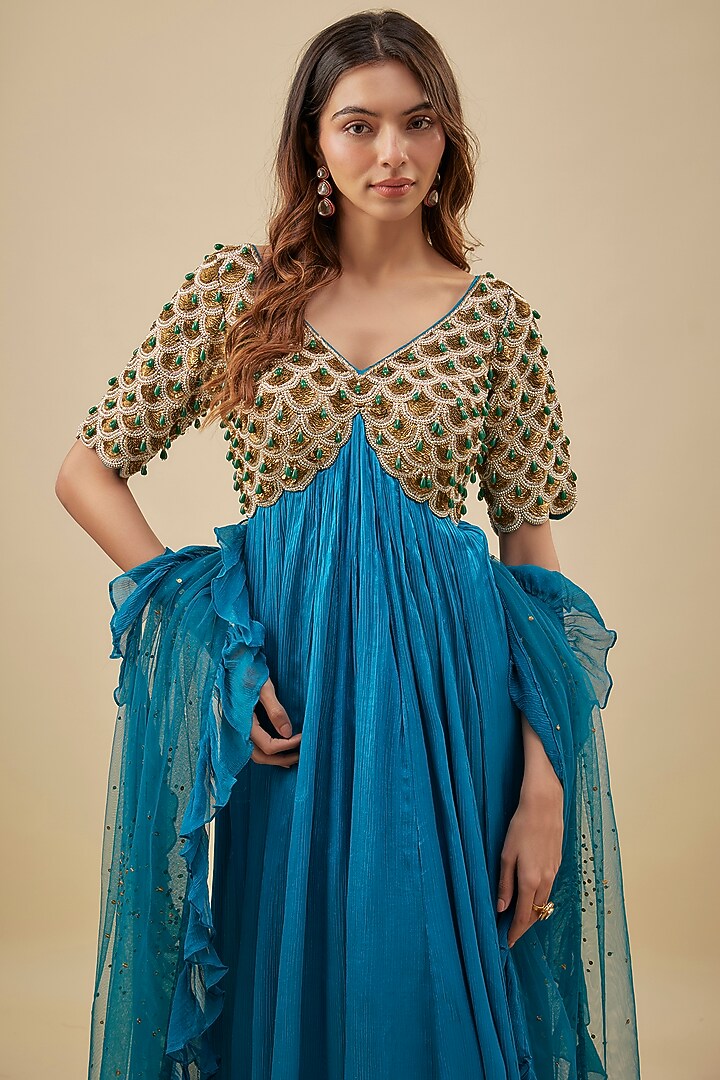 Turquoise Blue Satin Chiffon & Silk Pearl Hand Embroidered Bridal Anarkali Set by NAS at Pernia's Pop Up Shop