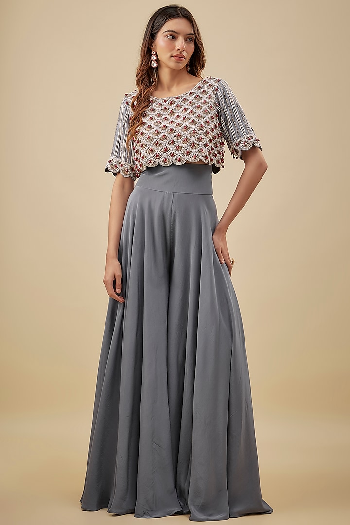 Grey Crepe High-Waist Flared Pant Set by NAS at Pernia's Pop Up Shop