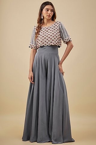 Grey Crepe High-Waist Flared Pant Set by NAS