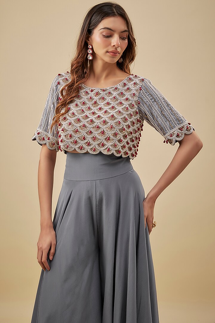 Grey Crepe High-Waist Flared Pant Set by NAS at Pernia's Pop Up Shop