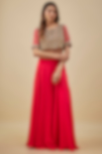 Red Crepe High-Waist Flared Skirt Set by NAS at Pernia's Pop Up Shop