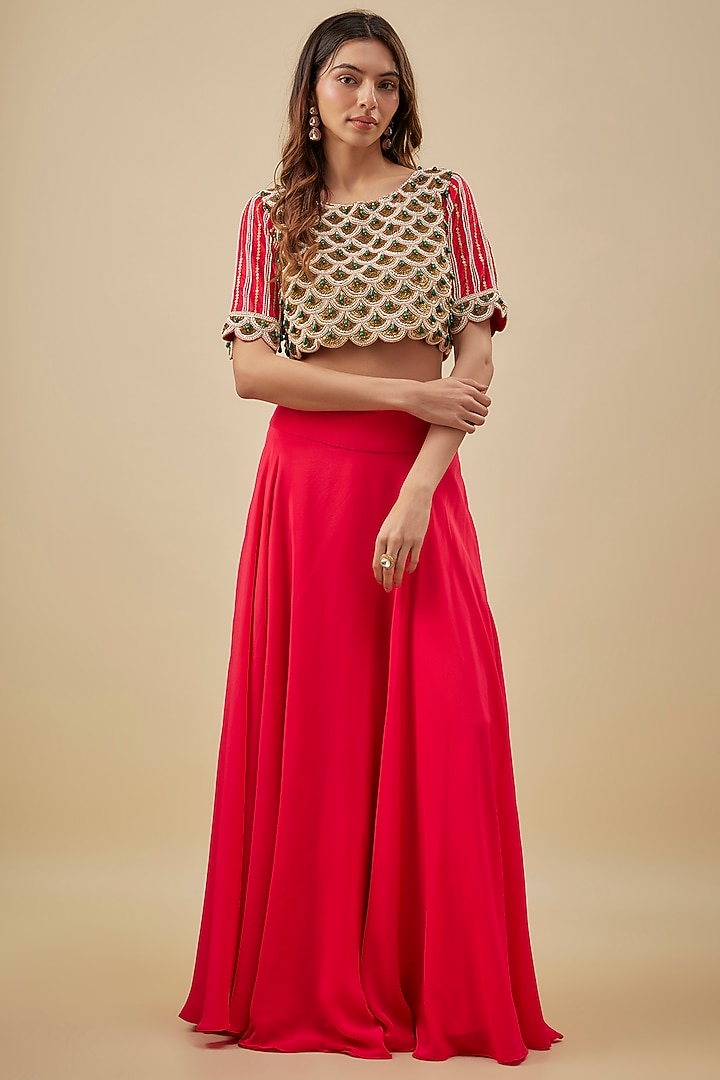 Red Crepe High-Waist Flared Skirt Set by NAS at Pernia's Pop Up Shop