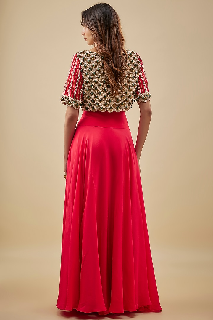 Red Crepe High-Waist Flared Skirt Set by NAS at Pernia's Pop Up Shop