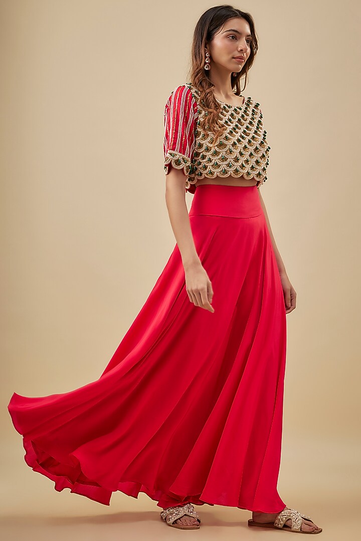 Red Crepe High-Waist Flared Skirt Set by NAS at Pernia's Pop Up Shop