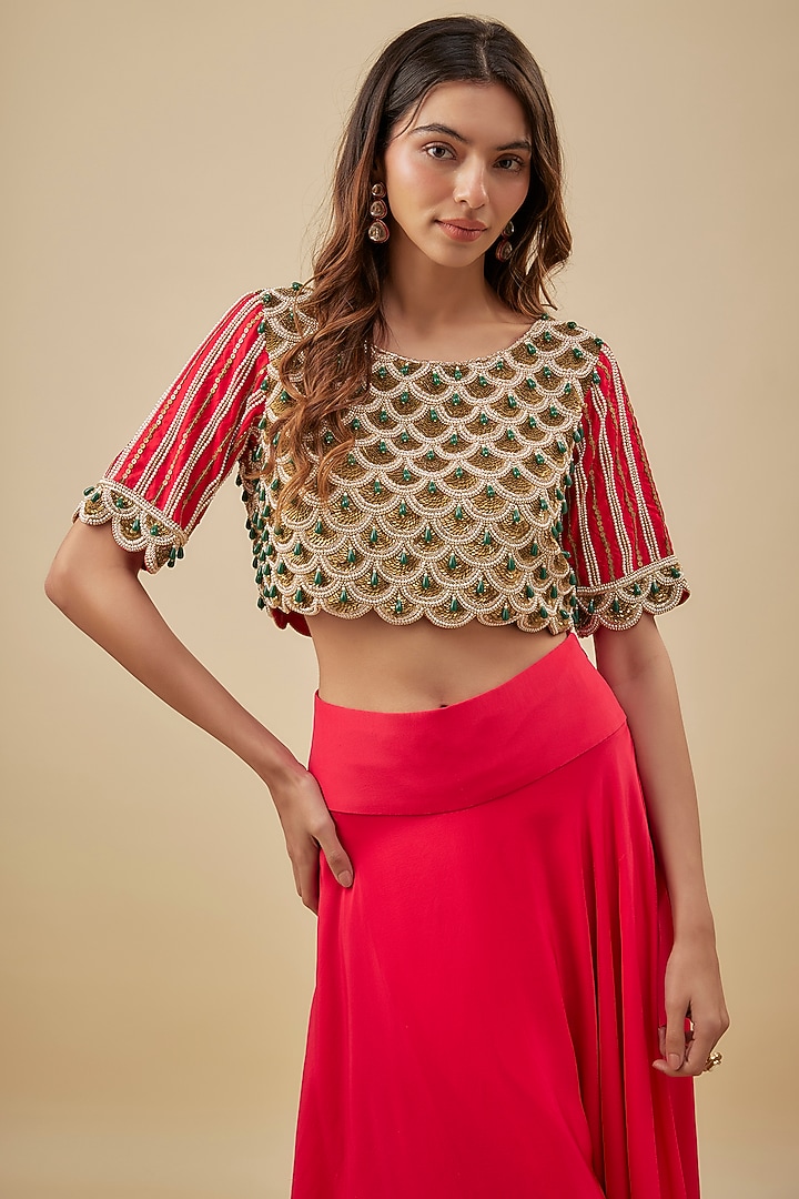 Red Crepe High-Waist Flared Skirt Set by NAS at Pernia's Pop Up Shop