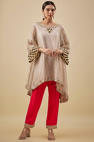 Gold Tissue Metal Tikki Hand Embroidered High-Low Kurta Set by NAS