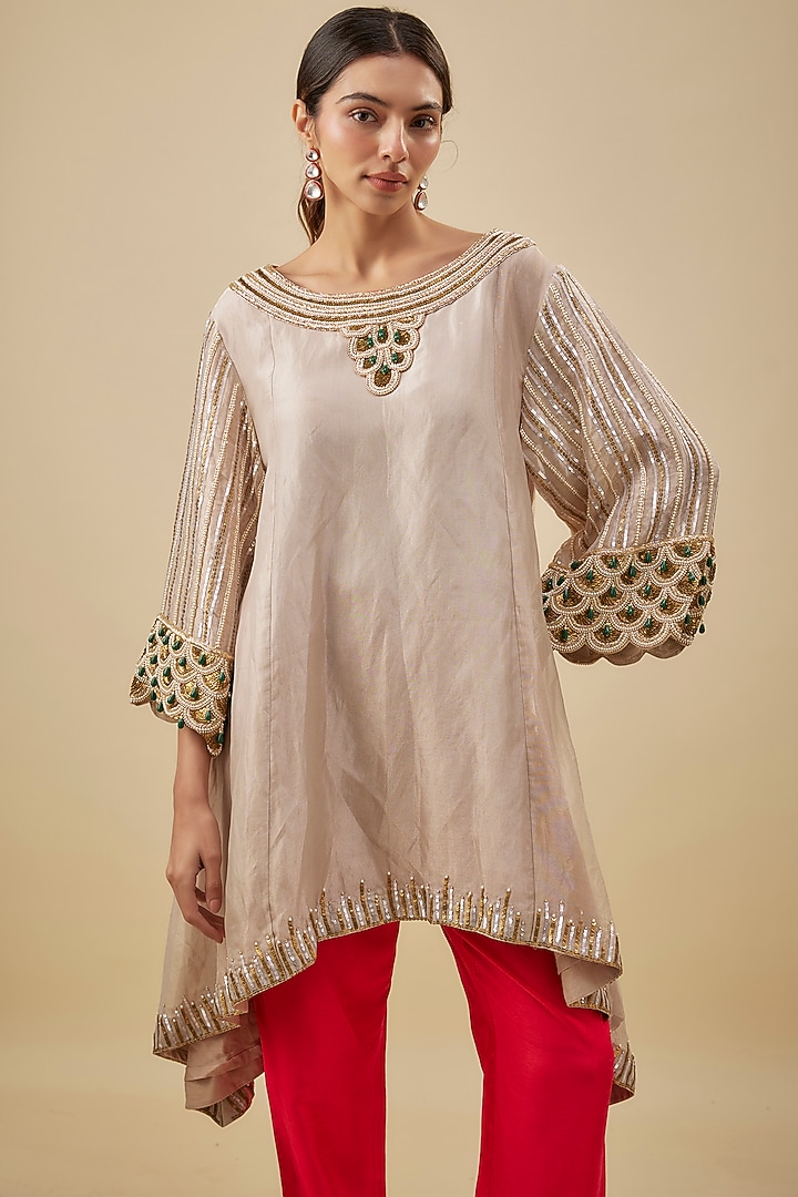 Gold Tissue Metal Tikki Hand Embroidered High-Low Kurta Set by NAS at Pernia's Pop Up Shop