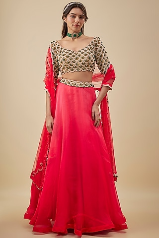 Red Organza Lehenga Set by NAS