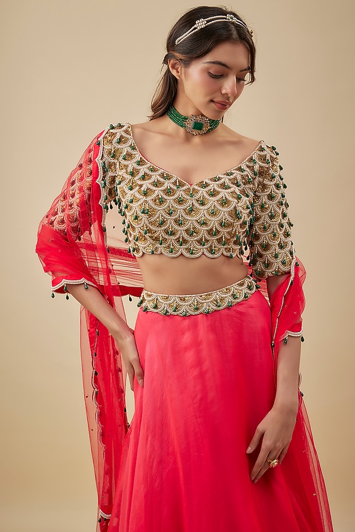 Red Organza Wedding Lehenga Set by NAS at Pernia's Pop Up Shop