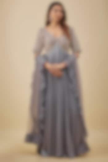 Grey Satin Chiffon & Silk Pearl Hand Embroidered Bridal Anarkali Set by NAS at Pernia's Pop Up Shop