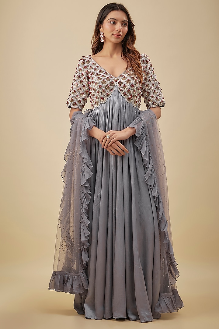 Grey Satin Chiffon & Silk Pearl Hand Embroidered Bridal Anarkali Set by NAS at Pernia's Pop Up Shop