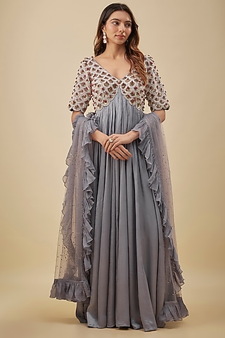 Grey Satin Chiffon & Silk Pearl Hand Embroidered Anarkali Set by NAS
