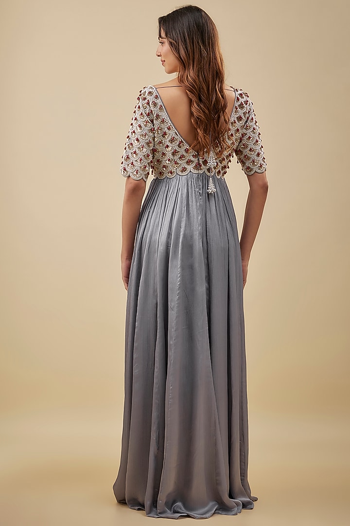 Grey Satin Chiffon & Silk Pearl Hand Embroidered Bridal Anarkali Set by NAS at Pernia's Pop Up Shop