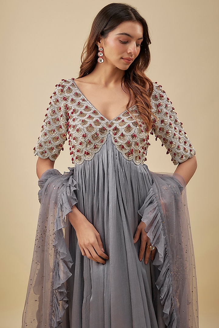 Grey Satin Chiffon & Silk Pearl Hand Embroidered Bridal Anarkali Set by NAS at Pernia's Pop Up Shop
