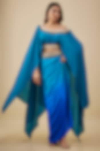 Turquoise Blue Crepe Pearl Hand Embroidered Kaftan Set by NAS at Pernia's Pop Up Shop