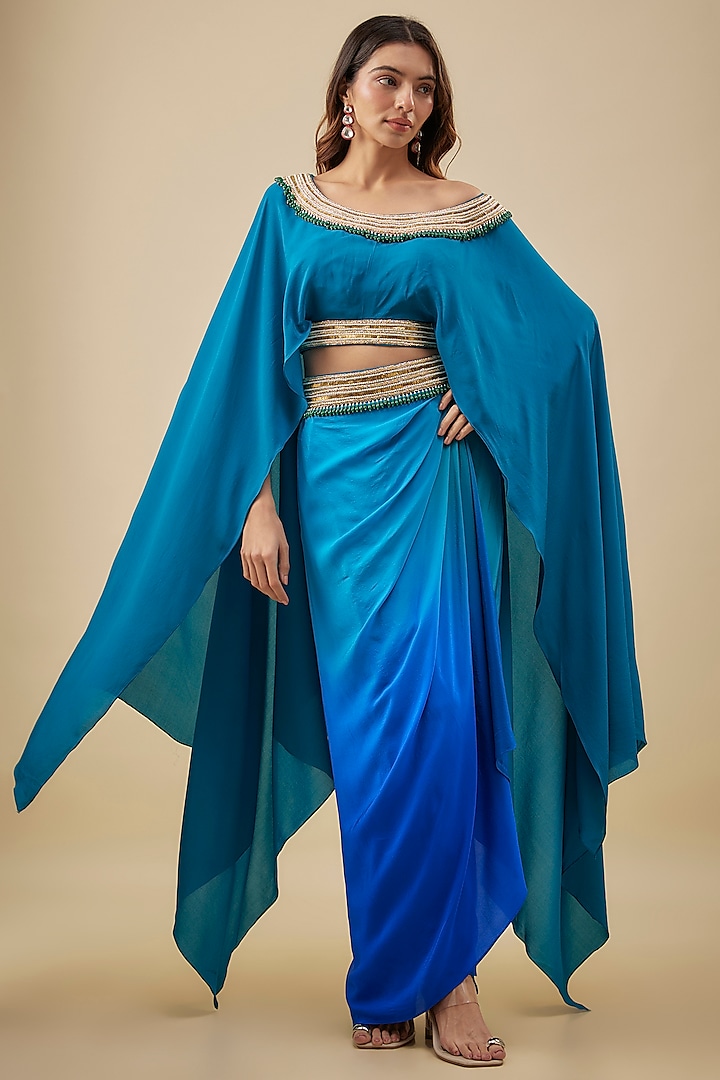 Turquoise Blue Crepe Pearl Hand Embroidered Kaftan Set by NAS at Pernia's Pop Up Shop