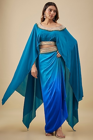 Turquoise Blue Crepe Pearl Hand Embroidered Kaftan Set by NAS