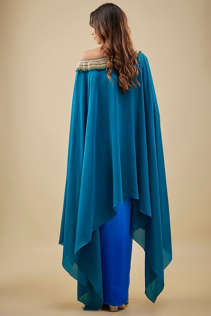 Turquoise Blue Crepe Pearl Hand Embroidered Kaftan Set by NAS at Pernia's Pop Up Shop