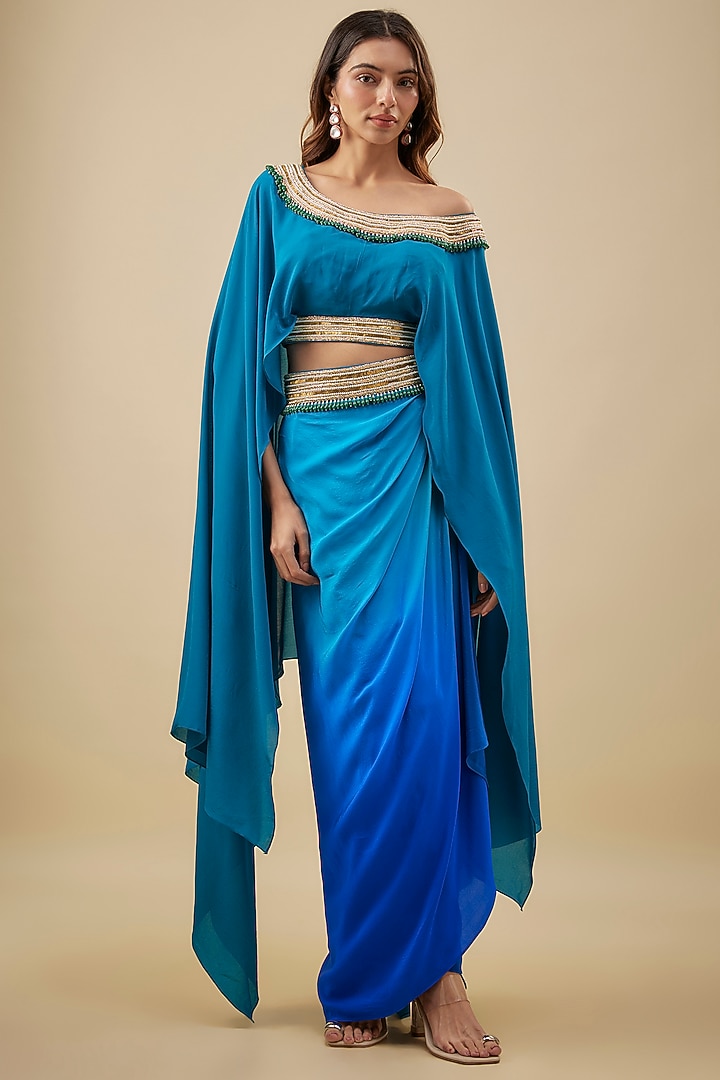 Turquoise Blue Crepe Pearl Hand Embroidered Kaftan Set by NAS at Pernia's Pop Up Shop