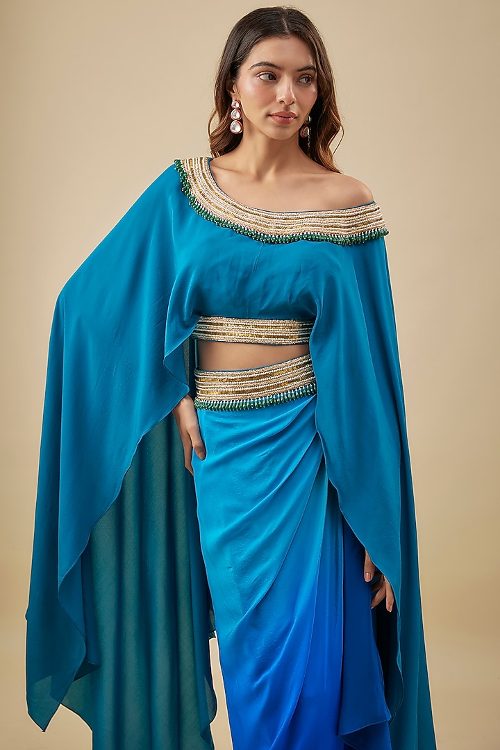 Turquoise Blue Crepe Pearl Hand Embroidered Kaftan Set by NAS at Pernia's Pop Up Shop