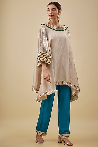 Gold Tissue Metal Tikki Hand Embroidered Kurta Set by NAS