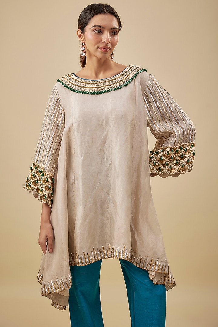 Gold Tissue Metal Tikki Hand Embroidered Kurta Set by NAS at Pernia's Pop Up Shop